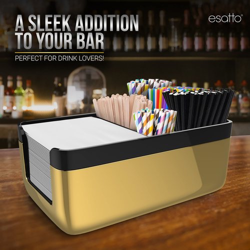 Esatto Professional Bar Products Premium Bar Caddy (Gold), Used to Easily Organize Bar Items and Workspace, With Additional 12 Pourers For Precision Pouring and 12 Pourer Covers