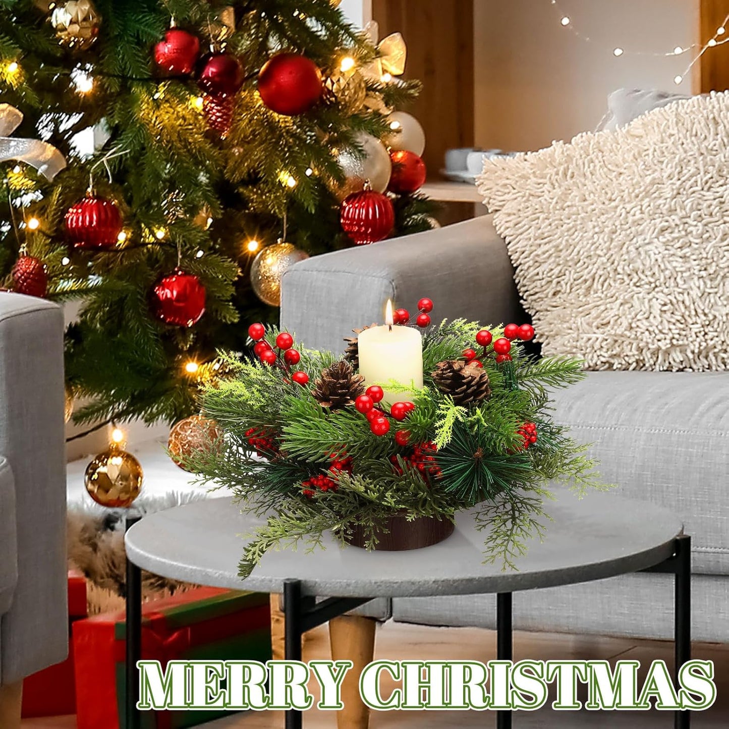 Mumufy Christmas Centerpiece Candle Holder - 12 Inch Mini Tabletop Decoration with Pine Cones & Red Berries
