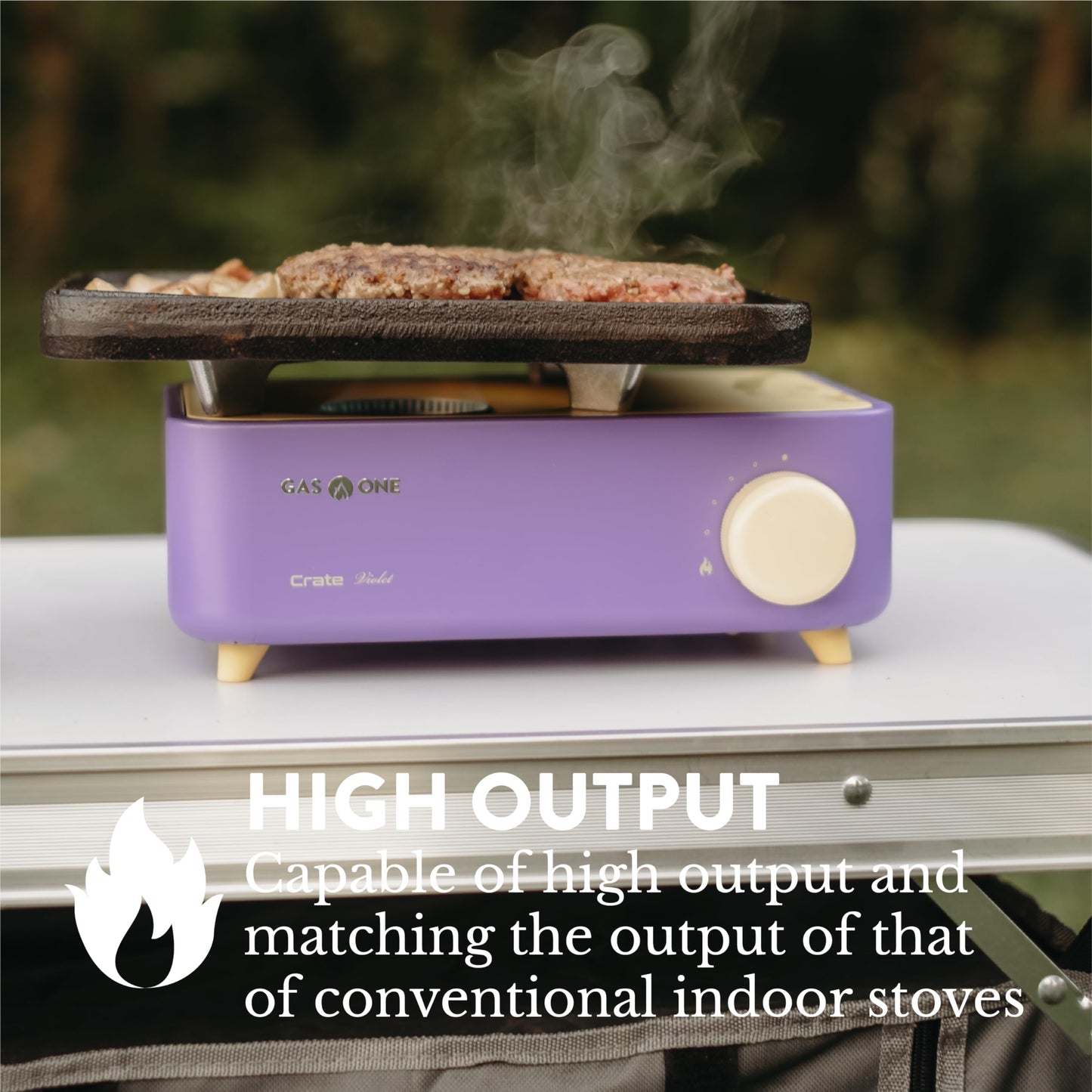 Gas One Butane Fuel Camp Stove – Crate Series - Mini Stove for Camping, Hiking – Portable Gas Stove with Spiral Flame – Even Heat Distribution – Modern and Easy to Use (Violet)