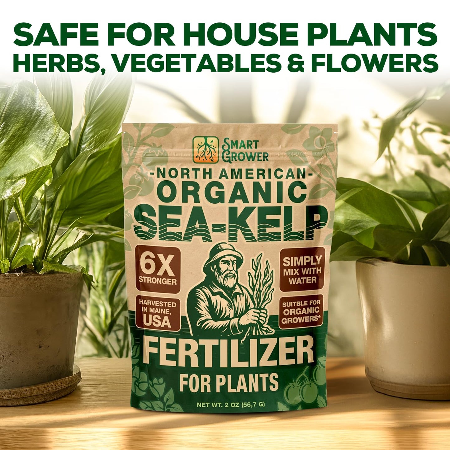 Smart Grower Organic Sea Kelp Fertilizer - Water-Soluble Plant Food for Indoor Gardens | 2oz Bag Makes 50 Gallons