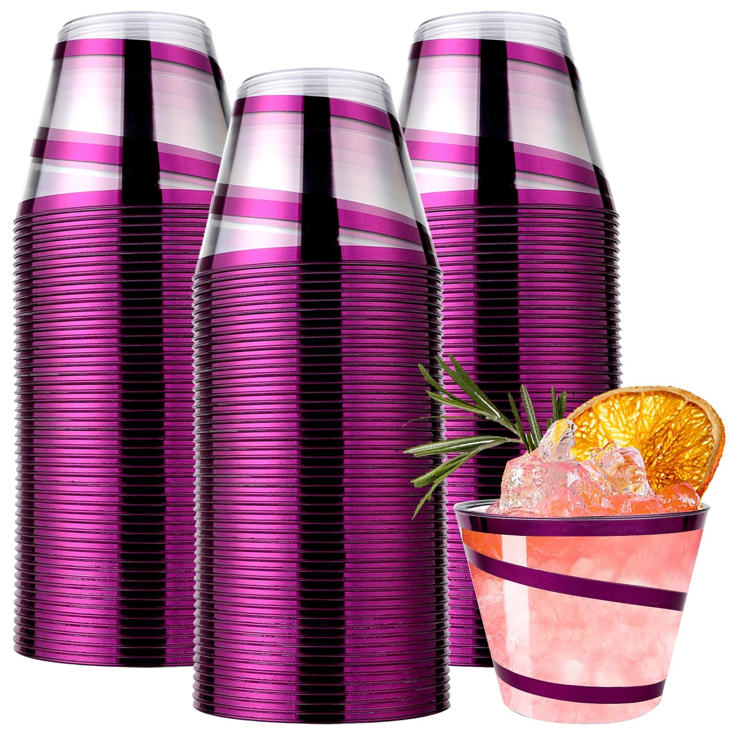 100Pcs 9 oz Rimmed Swirl Purple Plastic Cups - Disposable Clear Drinking Cups for Halloween, Christmas, Wedding and Party Supplies - Cocktail Wine Glasses (Purple)