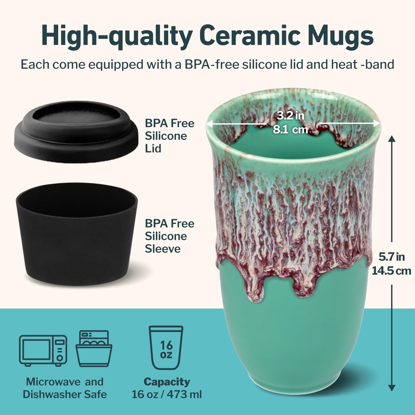 NOVA CERAMICS Travel Mug On the Go Coffee Tumbler Microwave & Dishwasher Safe Green Tumbler - Gifts For Women Men Him Her 16oz Nebula