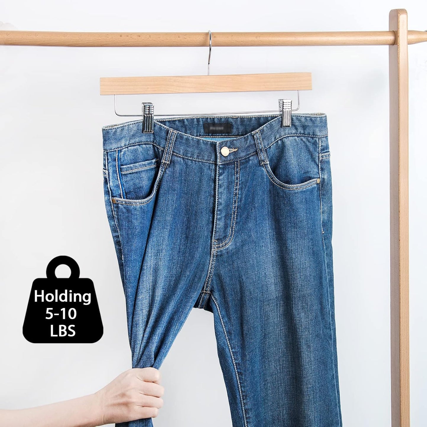 Nature Smile Wooden Pants Hangers - Solid Lotus Wood Clips for Skirts & Jeans | 20 Pack in Natural Color