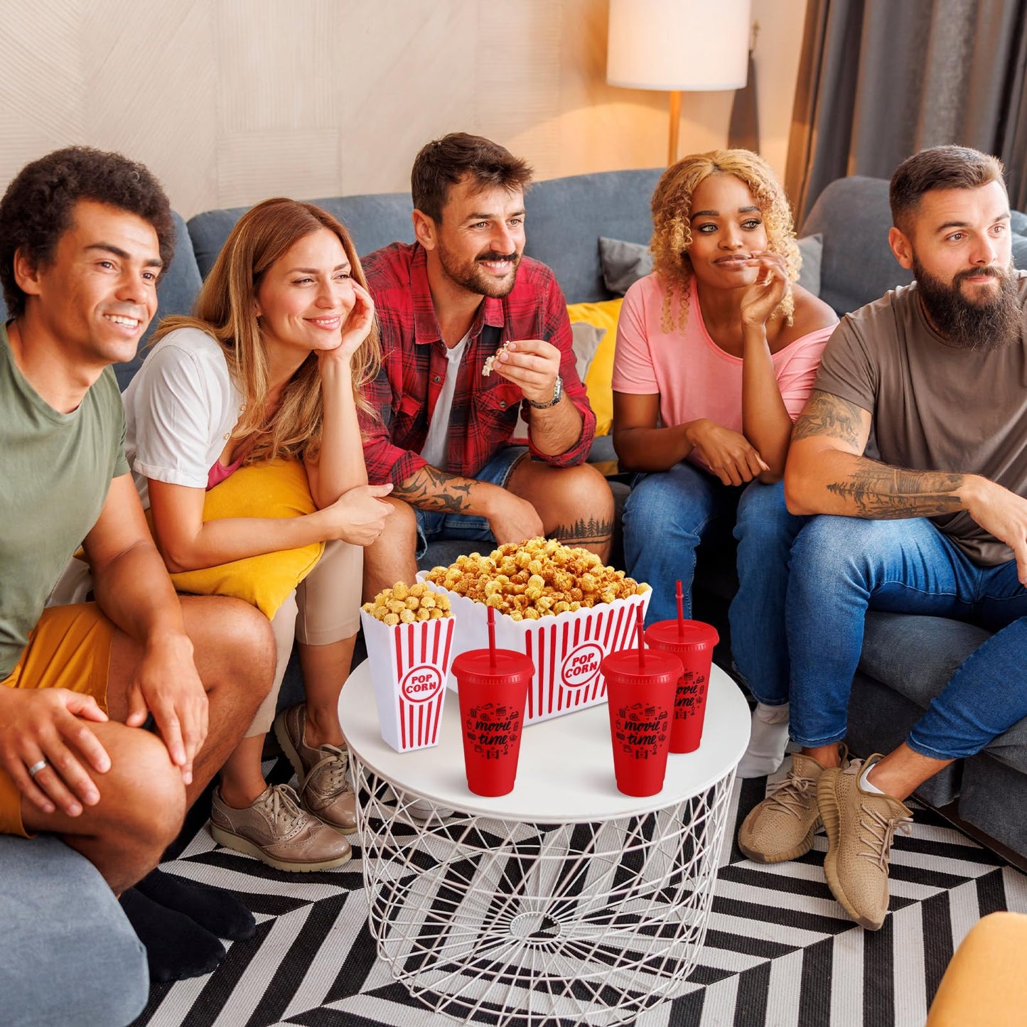 Reallnaive 15 Pcs Movie Night Popcorn Organizer Set Family Red & White Striped Plastic Popcorn Container Reusable Drinking Cup for Holiday Parties, Family Gatherings & Home Theater
