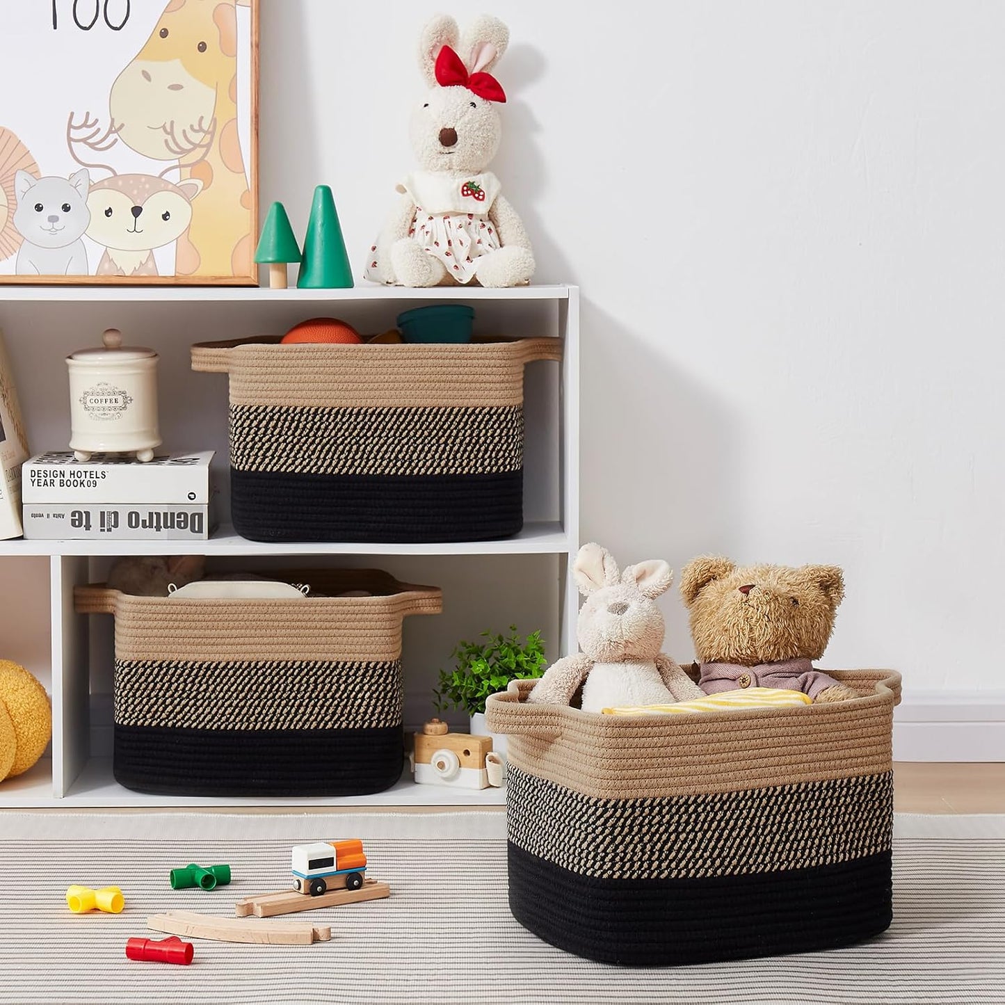 OIASKET Storage Basket - Woven Organizing Bins for Toys, Books, Nursery | Pack of 3 (Black & Brown, 13"x9.85"x8.7")
