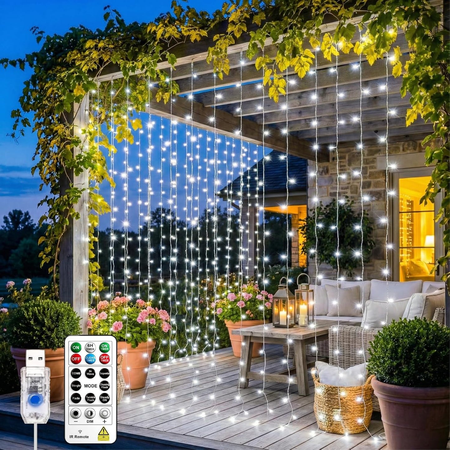 Skiennix 200LED Fairy Curtain String Lights - 6.6x6.6ft White Indoor Decor | 8 Modes Remote Control