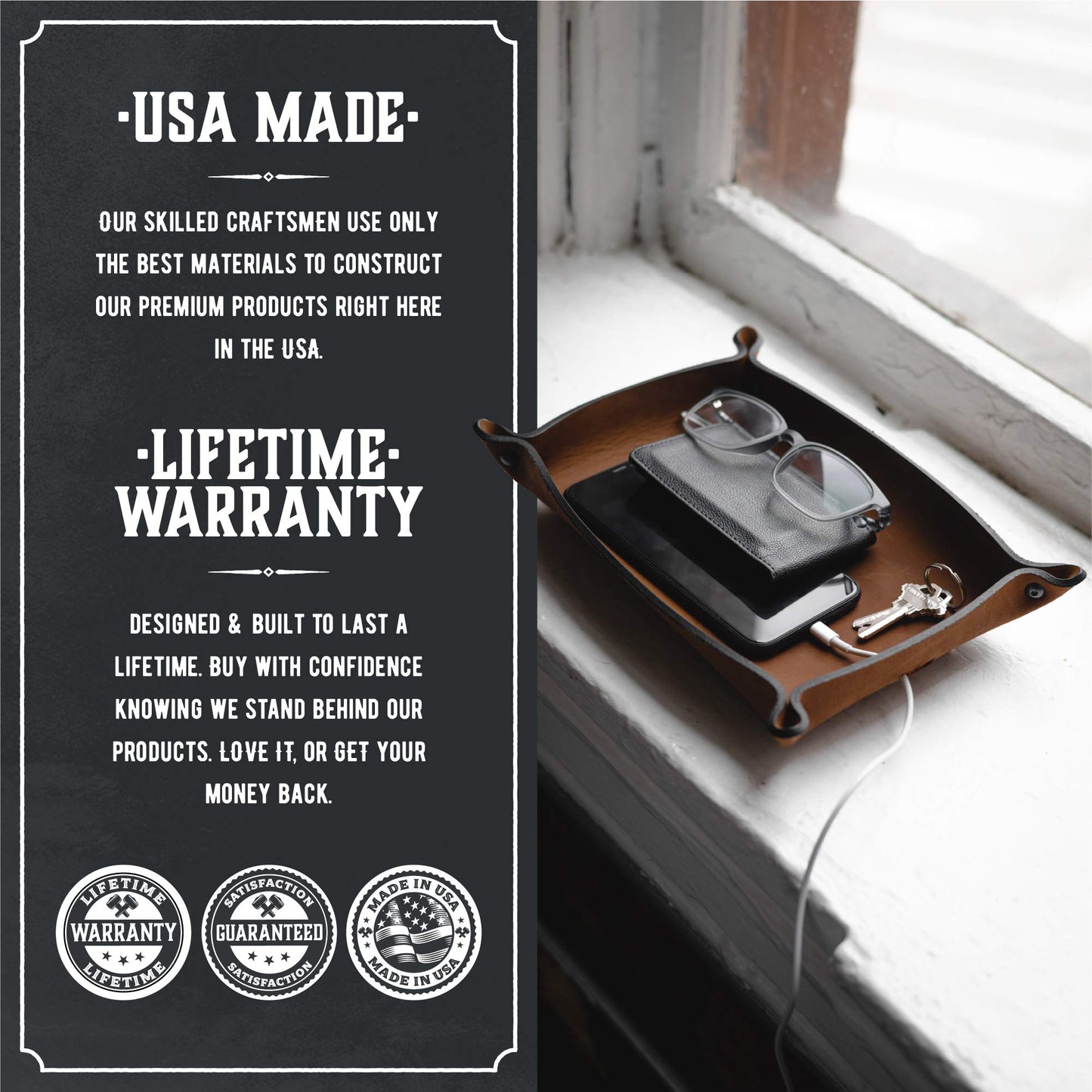 Leather Valet Tray for Men | Made in The USA | EDC Dump Tray for Keys, Phone, Wallet | Catch All Key Tray | Avalanche Gray