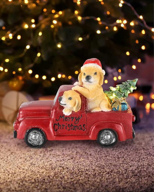 iStatue Red Truck Decor - Golden Retriever Christmas Tree Figurine | Vintage Resin LED Ornament