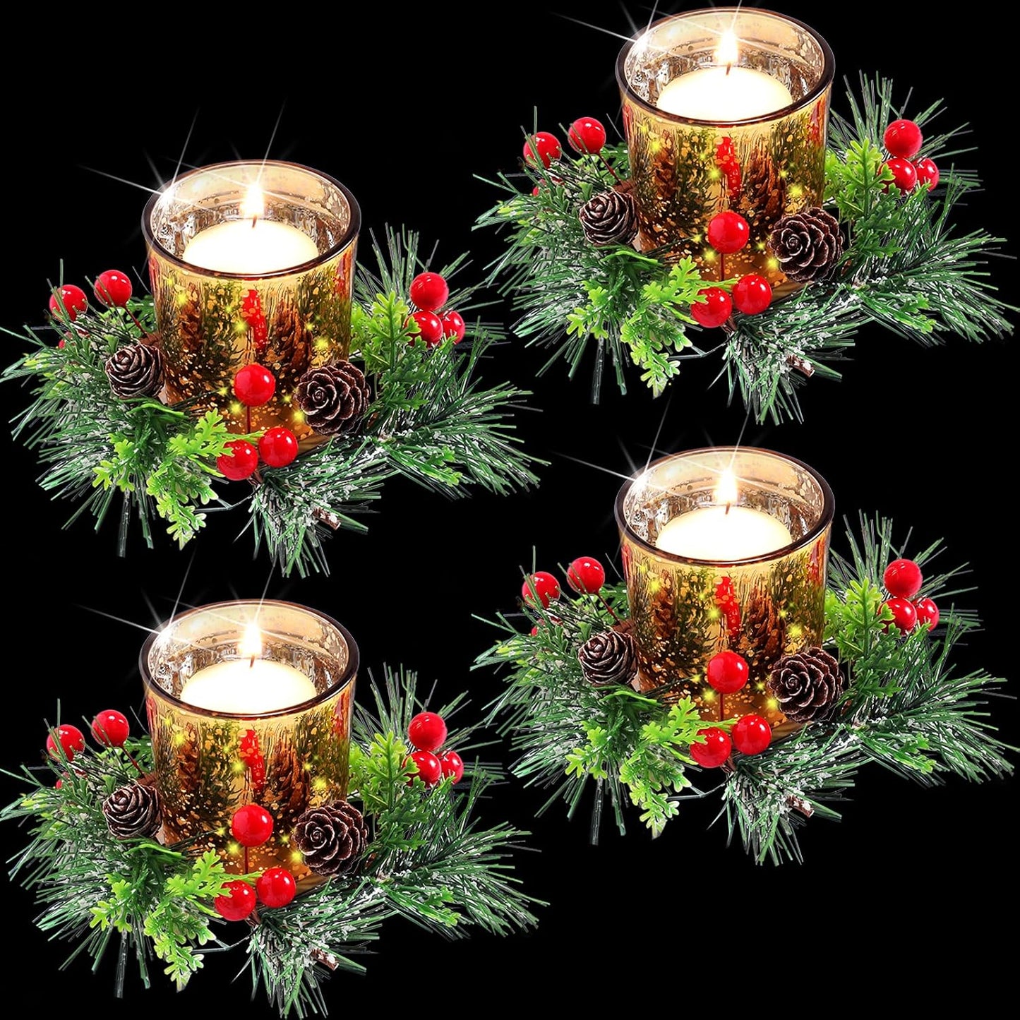Skylety Christmas Votive Candle Holders - 4 Pack Glass Tealight Holders with Red Berry Wreaths