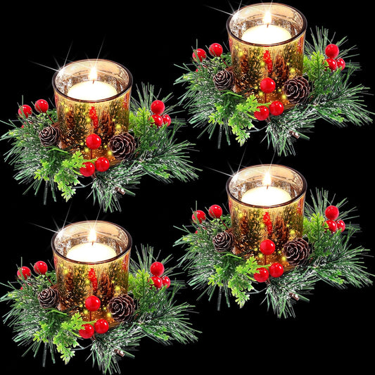Skylety Christmas Votive Candle Holders - 4 Pack Glass Tealight Holders with Red Berry Wreaths