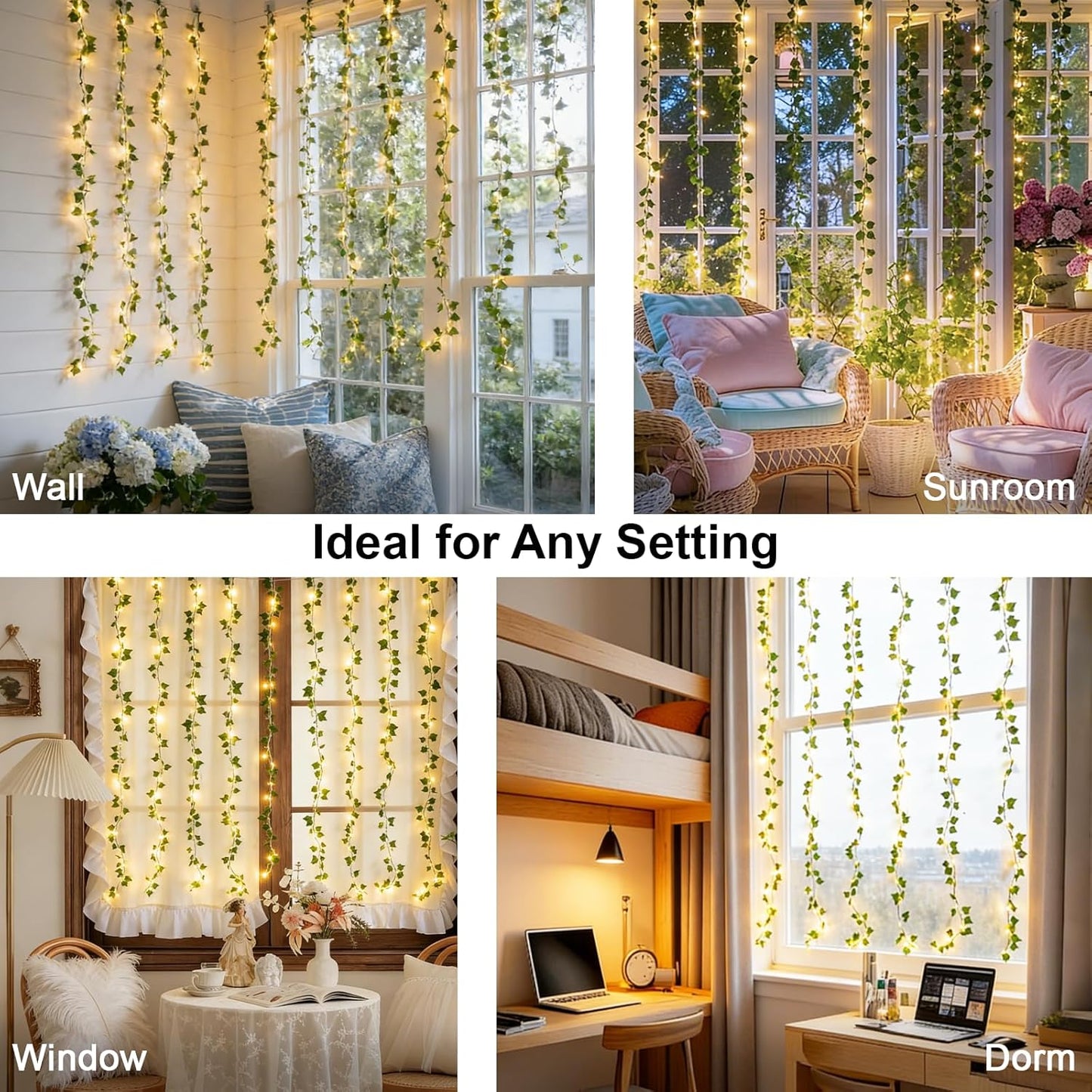 Suddus LED Fairy Lights Vines - 200 Warm White Lights for Bedroom, Dorm, Wedding & Party | 6.5ft x 6.5ft