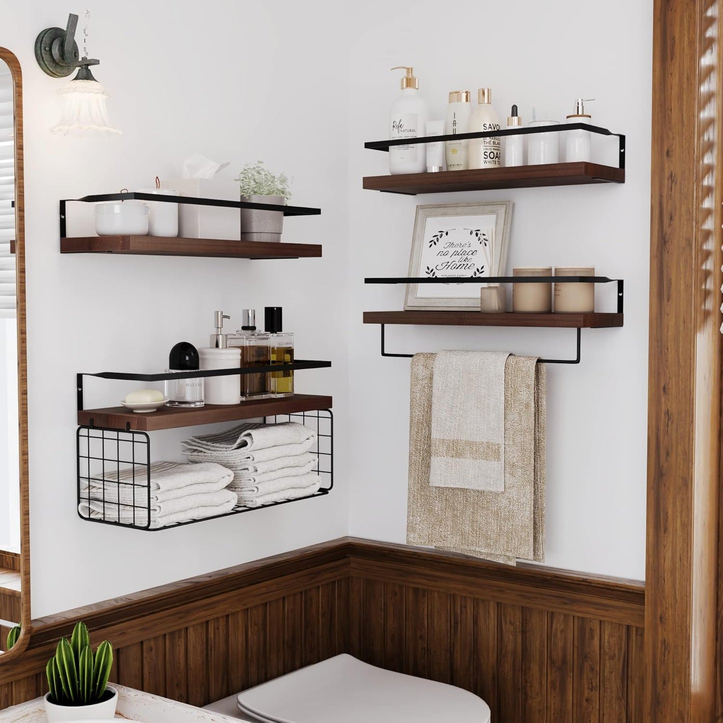 Wood Floating Shelves - Rustic 4-Tier Wall-Mounted Bathroom Shelves with Wire Basket & Towel Bar