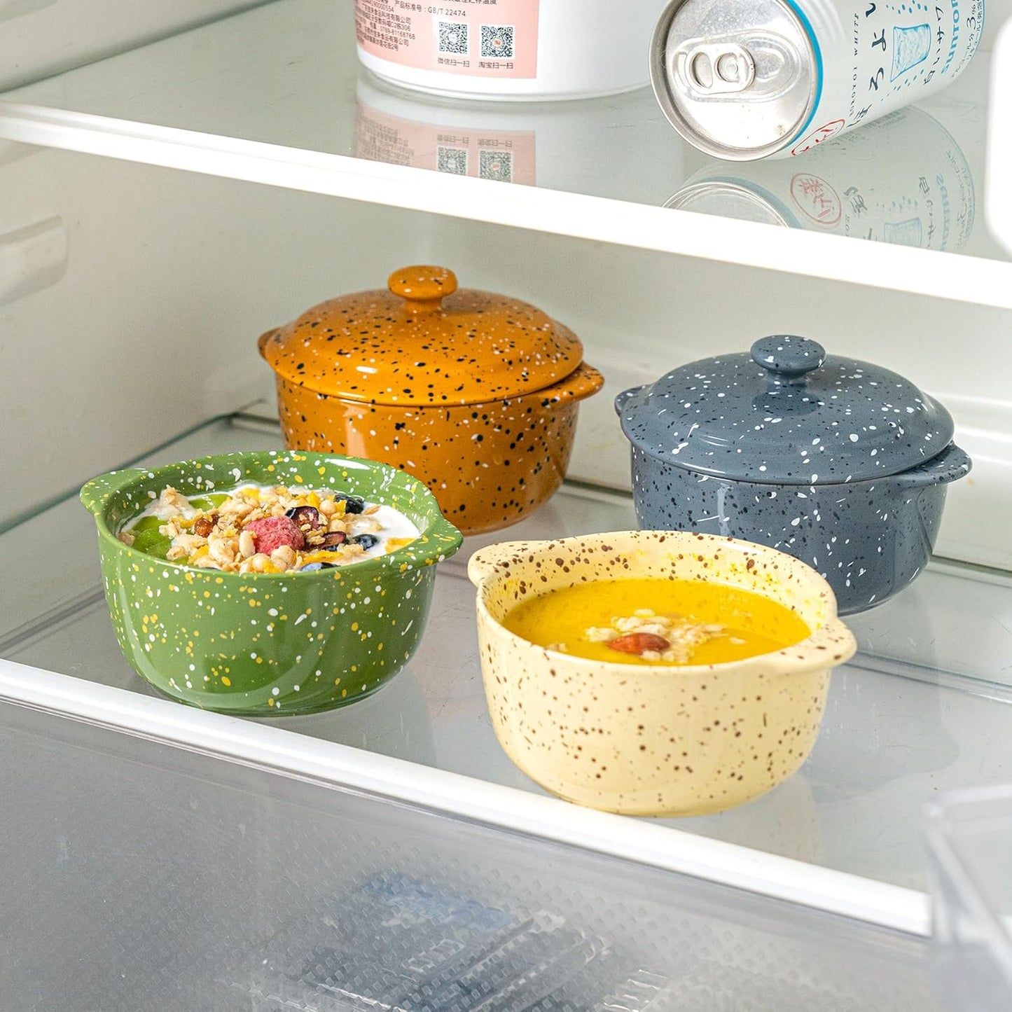 Skiennix Mini Ceramic Casserole Dishes - Oven-Safe 10 Oz Ramekins with Lids & Handles | Perfect for Soufflé, Soup, Cobbler, Green 4-Pack