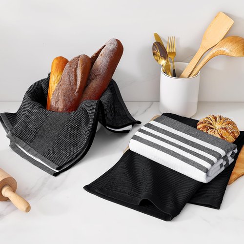 Homaxy Premium Kitchen Towels(18”x 28”, 6 Pack), Large Cotton 380 GSM Kitchen Hand Towels, Soft and Absorbent Terry Dish Towels, Multipurpose Tea Towel Set with Hanging Loop, Black