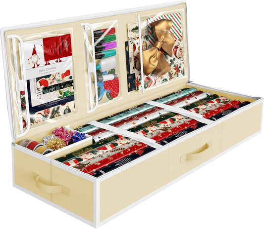 Simple Houseware Wrapping Paper Storage Organizer - Holds 40 Rolls with Adjustable Straps & Clear Pockets, 41.5''L x 16''W, Beige