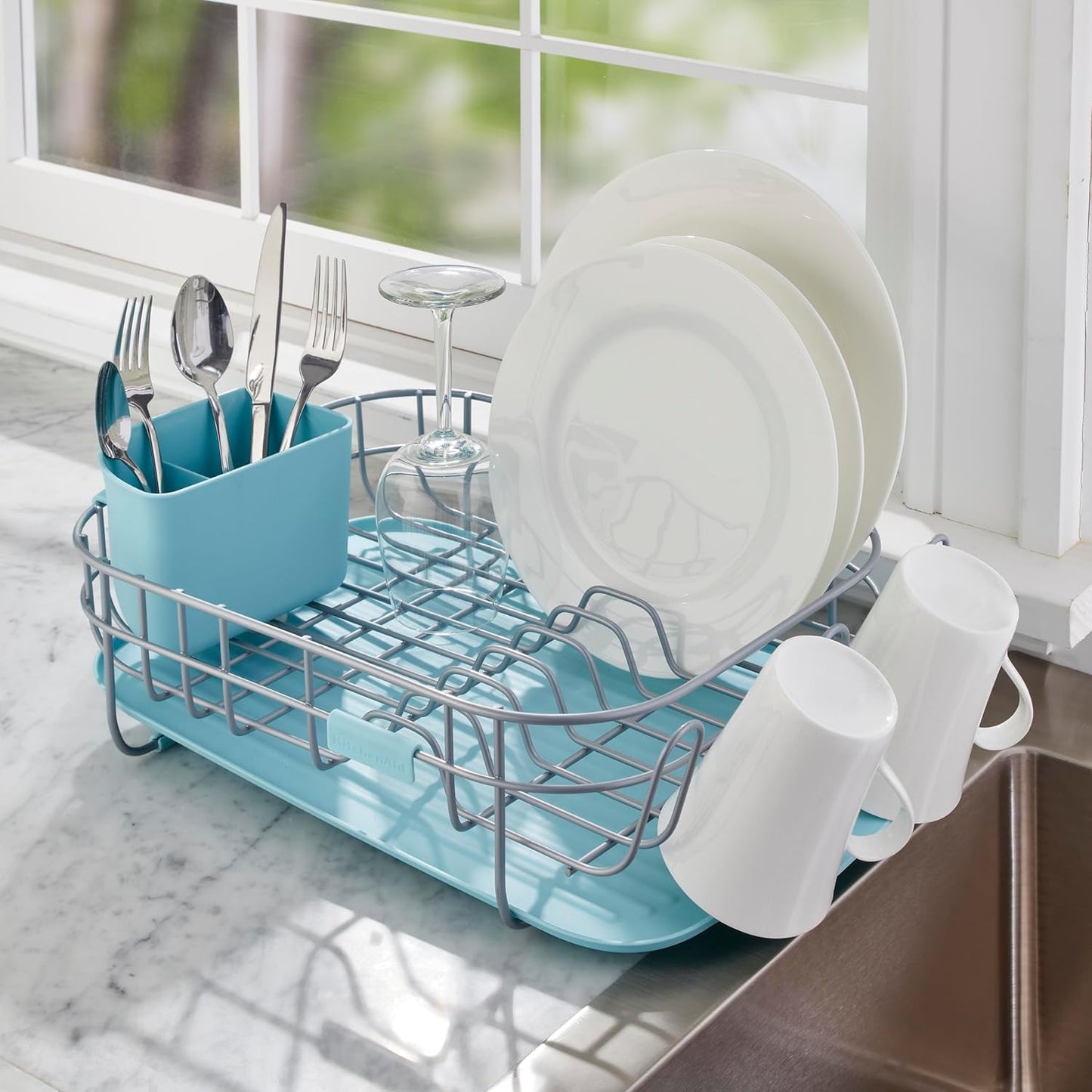 KitchenAid Low Profile Compact Dishrack - Removable Flatware Caddy & Self-Draining Board | Rust Resistant, 12.59 x 17.55 x 6.29 Inch, Mineral Water