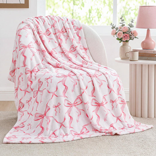 Buryeah Pink Bow Throw Blanket 50"x60" Ultra Soft Flannel Coquette Aesthetic Blanket for Girls Women Preppy Room Decor for Bed Sofa Spring Wedding Mother's Day Graduation Back to School Gift