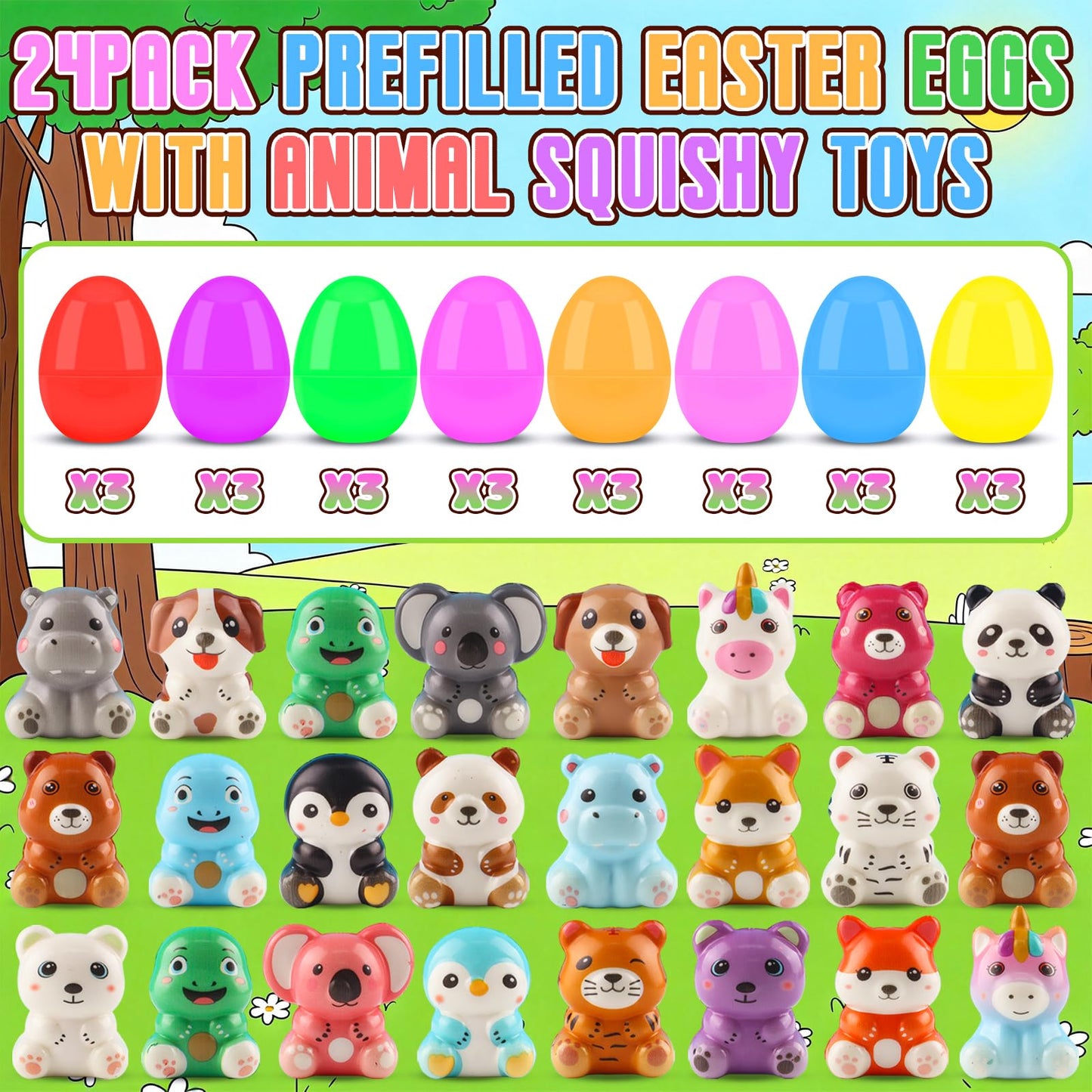 KissFuture 24 Pack Prefilled Easter Eggs with Animal Squishy Toys, Easter Eggs Filled for Egg Hunt, Easter Basket Stuffers, Easter Gifts for Kids, Easter Party Favors Prizes