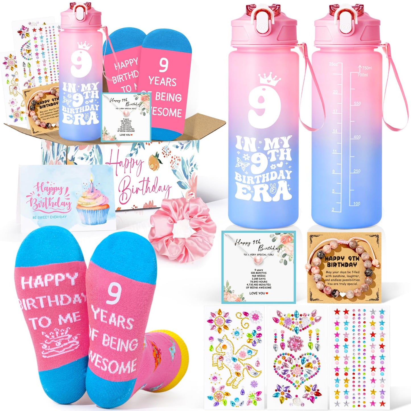 Frerdui 9 Year Old Girl Birthday Gifts, Cute Presents for 9 Year Old Girls, Tween Girl Gift Set with in My 9th Birthday Era Water Bottle, Socks, Bracelet & DIY Diamond Kit