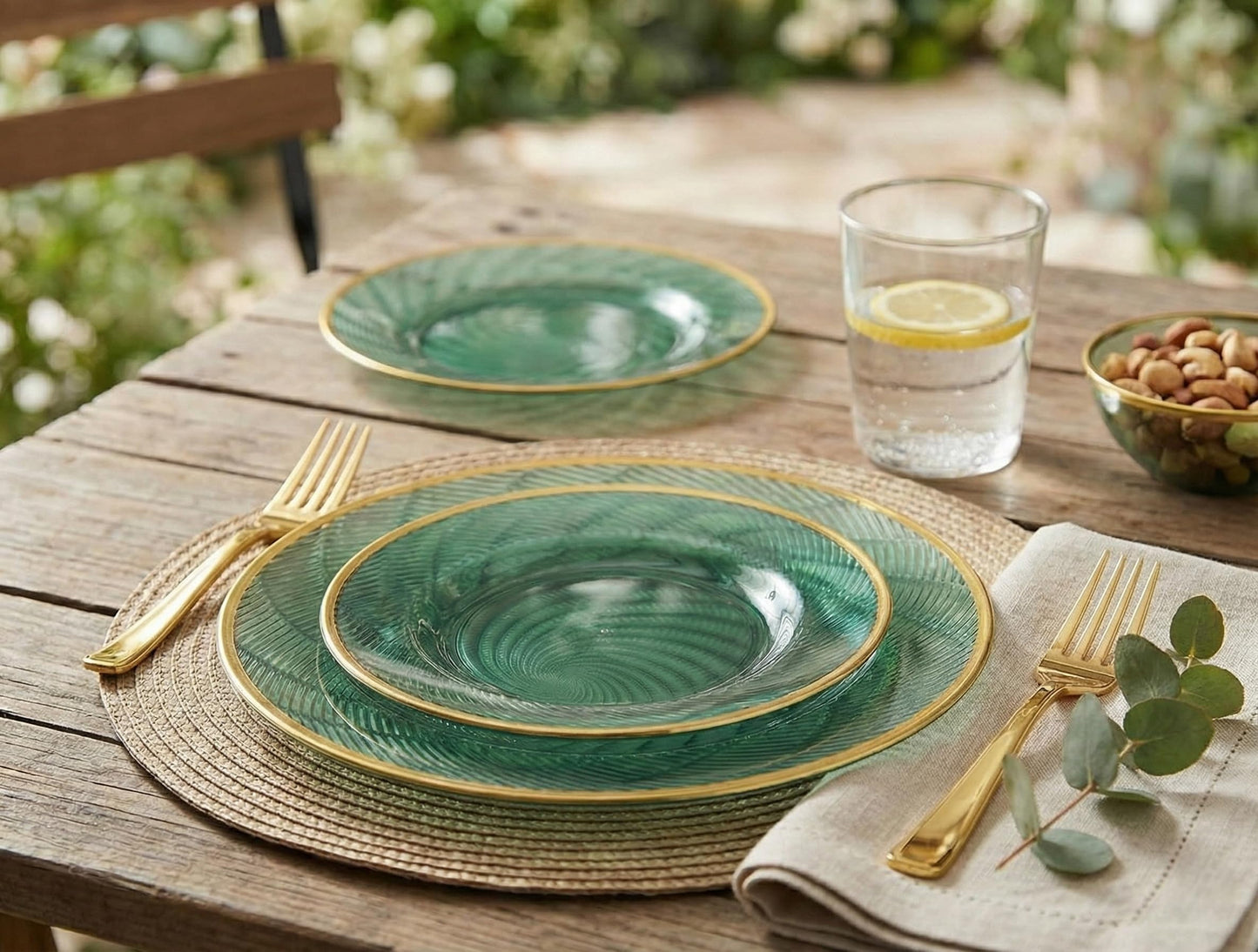 Lillian Tablesettings 32-Piece Tinted Green Plastic Plates Set, 16×10" Dinner & 16×7" Salad Plates, Heavyweight Disposable Plates with Gold Rim, Elegant Swirl Design Dinnerware