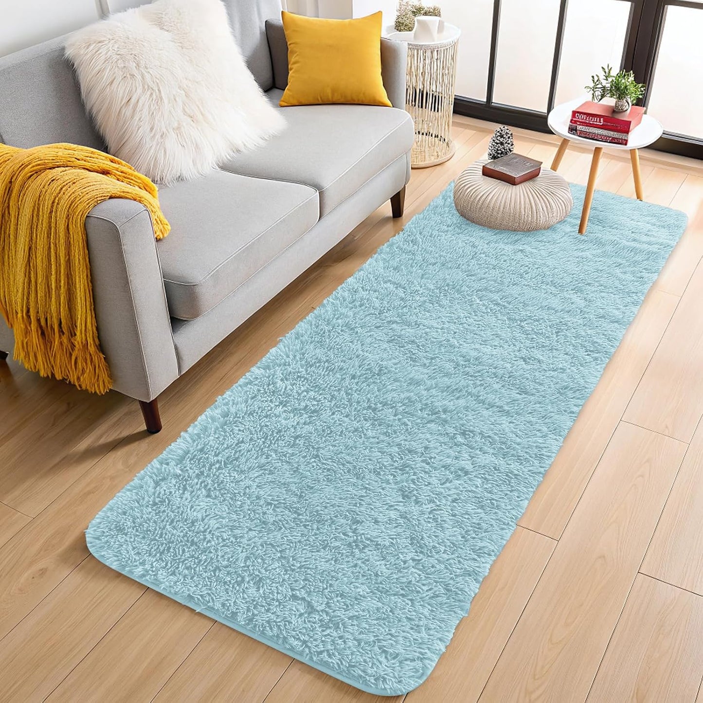 OLANLY 2x8 Soft Fluffy Runner Rug - Machine Washable Indoor Carpet for Bedroom & Hallway | Light Blue