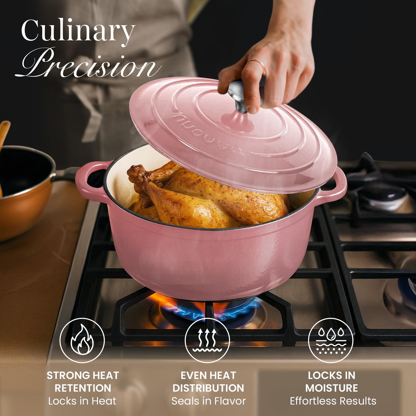 Nuovva Enamelled Cast Iron Dutch Oven Pot with Lid 6.4 Quart Non Stick Casserole Pot – Heavy Duty & Oven Safe up to 500° F for Bread Baking, Braising, Stews, Roasting – 28cm Pink
