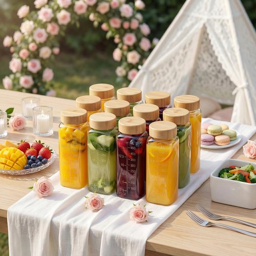 HomArtist 16oz Square Glass Juice Bottles with Lids, 9 Pack Reusable Juice Containers with Bamboo Lids, Glass Juicing jars with 4 Straws & 2 Airtight Lid with Hole for Drinking
