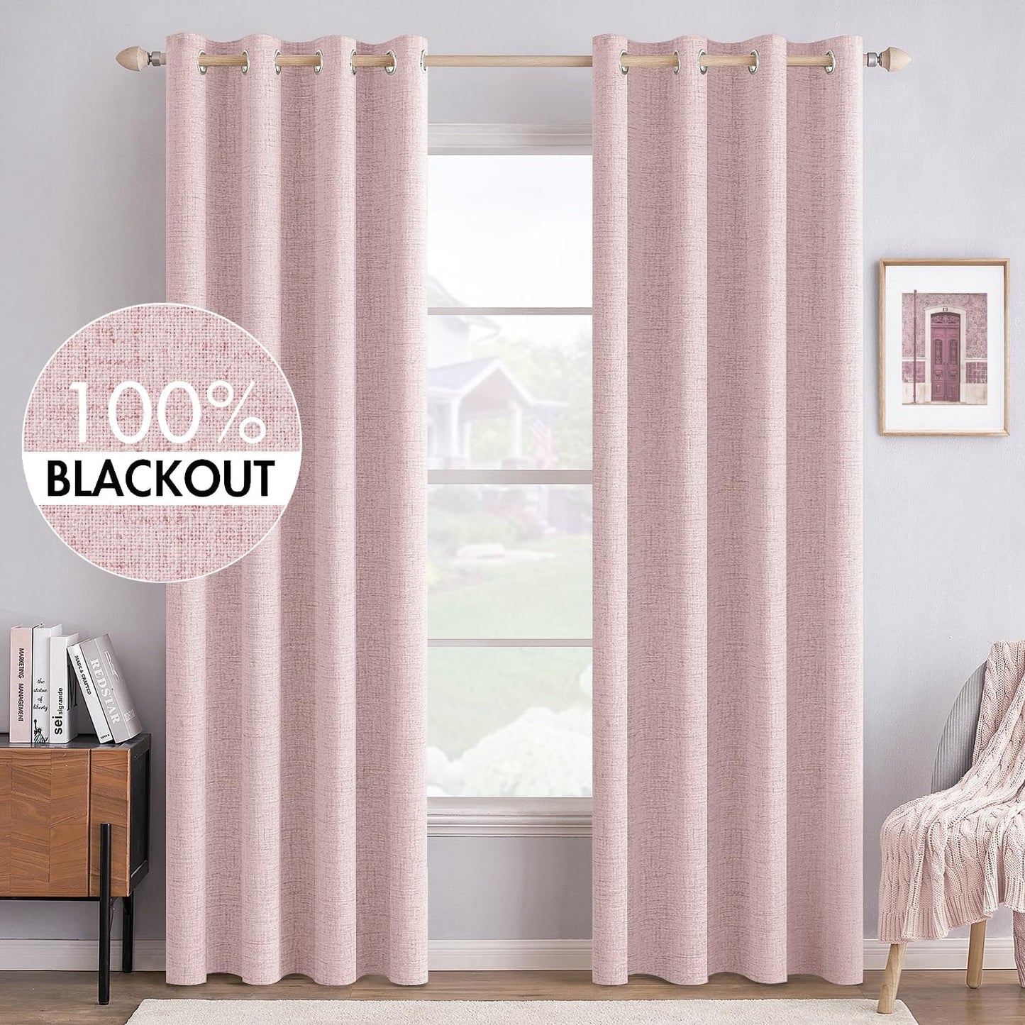 MIULEE Blackout Curtains - 100% Thermal Insulated Linen Texture Drapes | Pink, 52x72 Inches (2 Panels)