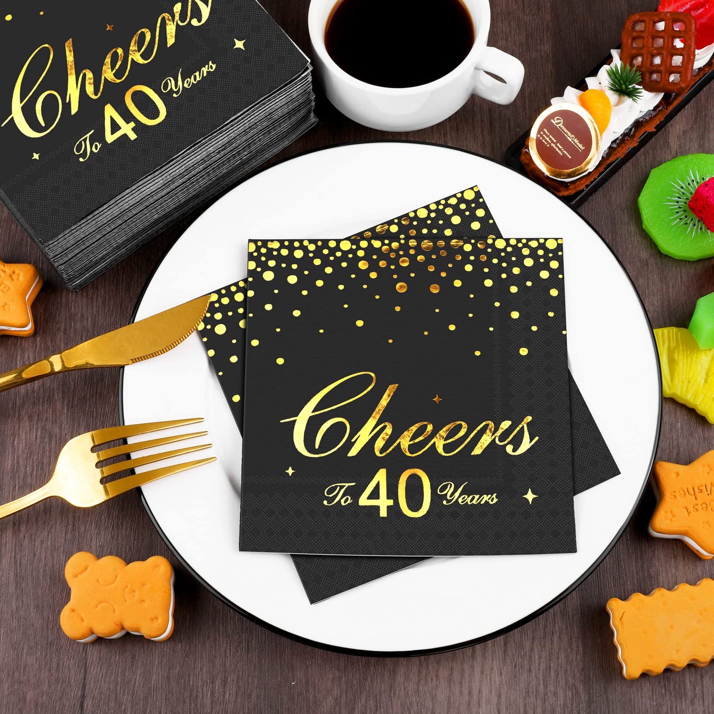 durony 60 Pieces Cheers to 40 Years Paper Napkins Black Gold Foil 3-Ply Party Napkins Folded 5 x 5 Inch Cocktail Napkins for 40th Anniversary Birthday Retirement Party Supplies Decorations