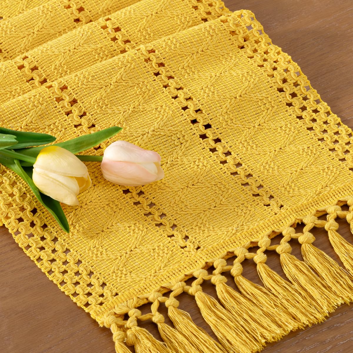 Socomi Boho Table Runner Macrame Easter Spring Farmhouse Woven Cotton Linen Rustic Coffee Table Runner with Tassels for Dresser Scarf Home Decor Dining Room 12x90 in Yellow Gold