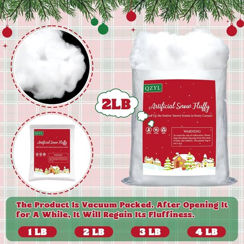 Artificial Fake Snow by [Brand Name] - 2LB Vacuum-Packed White Cotton for Christmas Decor | Fluffy Indoor Snow for Crafts & Parties