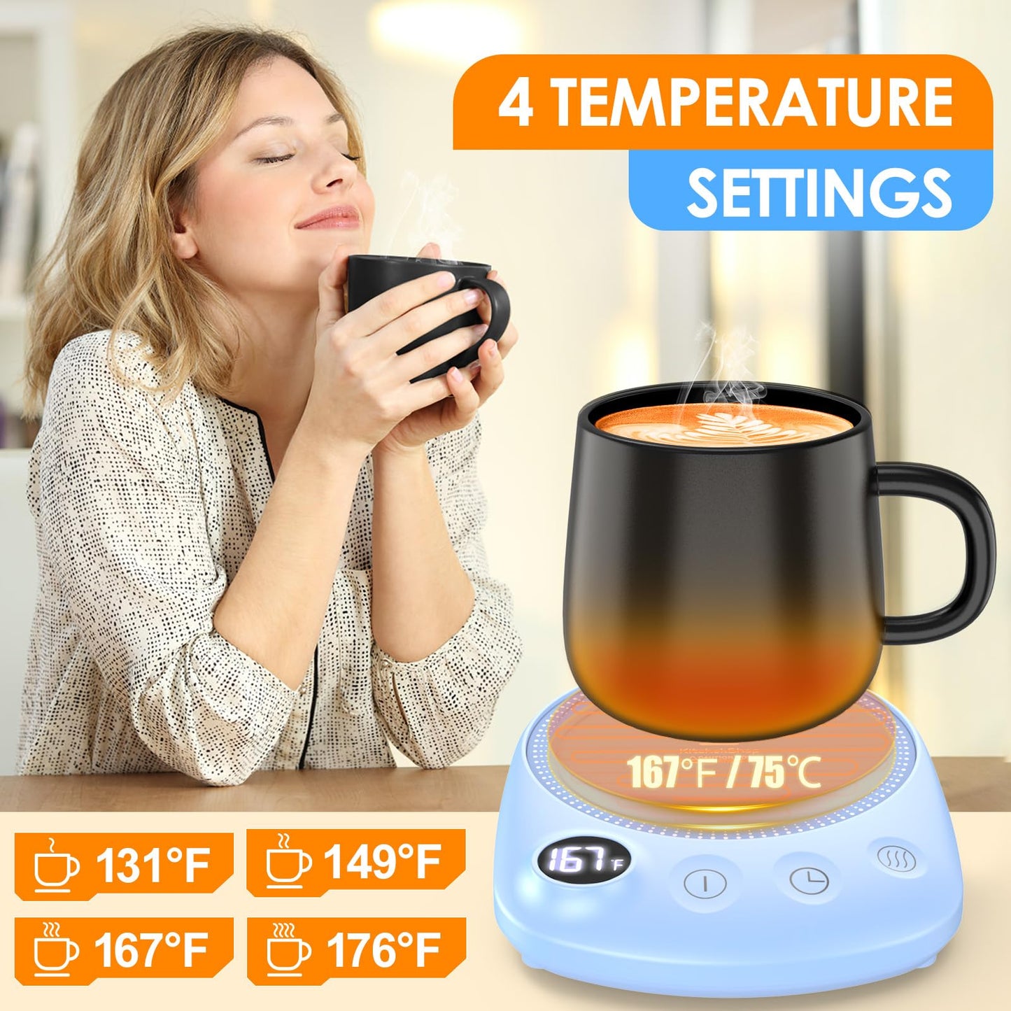 KitchekShop Coffee Mug Warmer - Fastest Heating & Highest Temperature, Coffee Cup Warmer for Desk Auto Shut Off, 4 Temp Settings & 1-12H Timer, Smart Electric Beverage Warmer for Coffee, Tea (Blue)