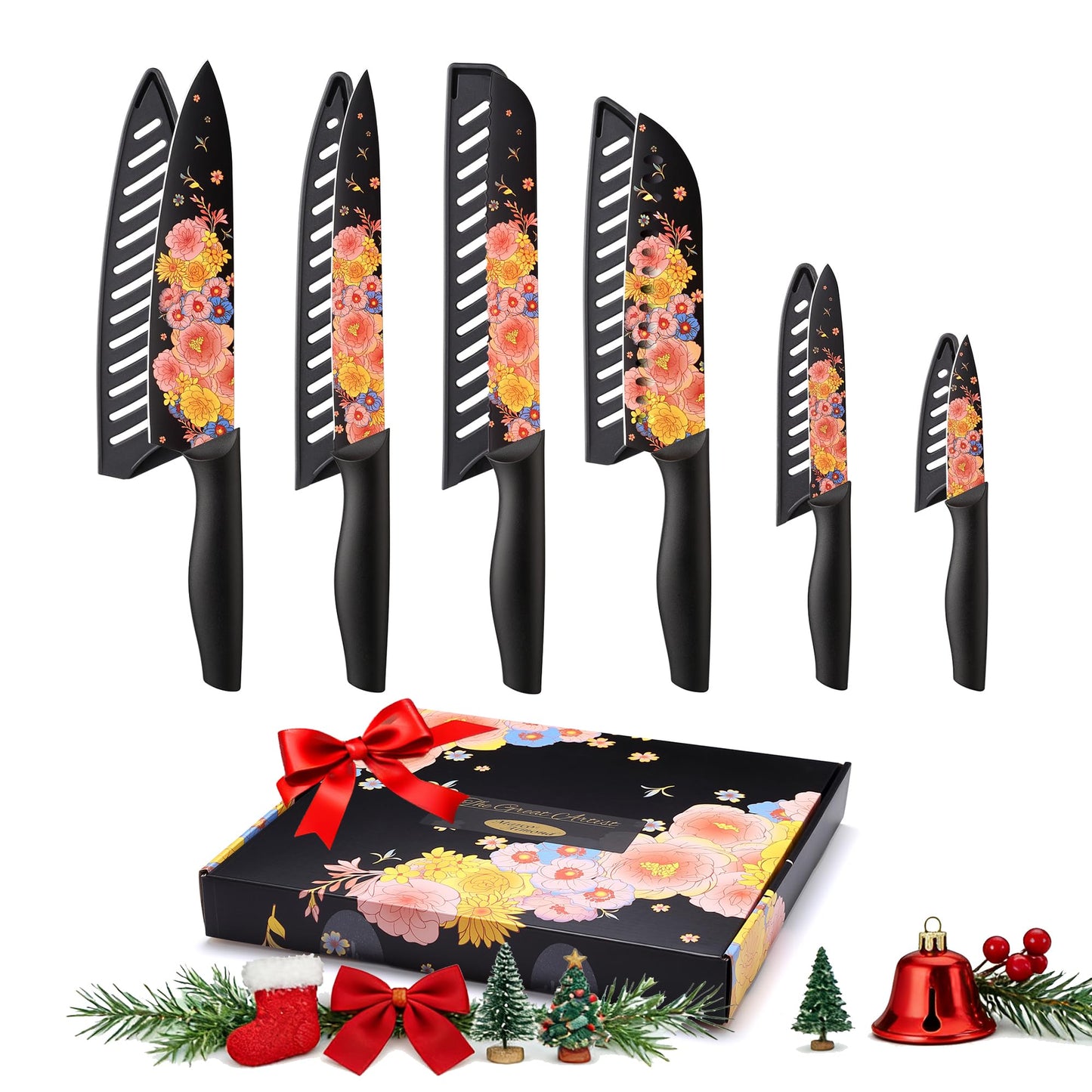 Marco Almond Knife Set Artistic Designed Pattern Kitchen Knife 6 Stainless Steel Kitchen Knives w 6 Blade Guards,Dishwasher Safe Kitchen Knife Sets for Family Knives Set for Chefs