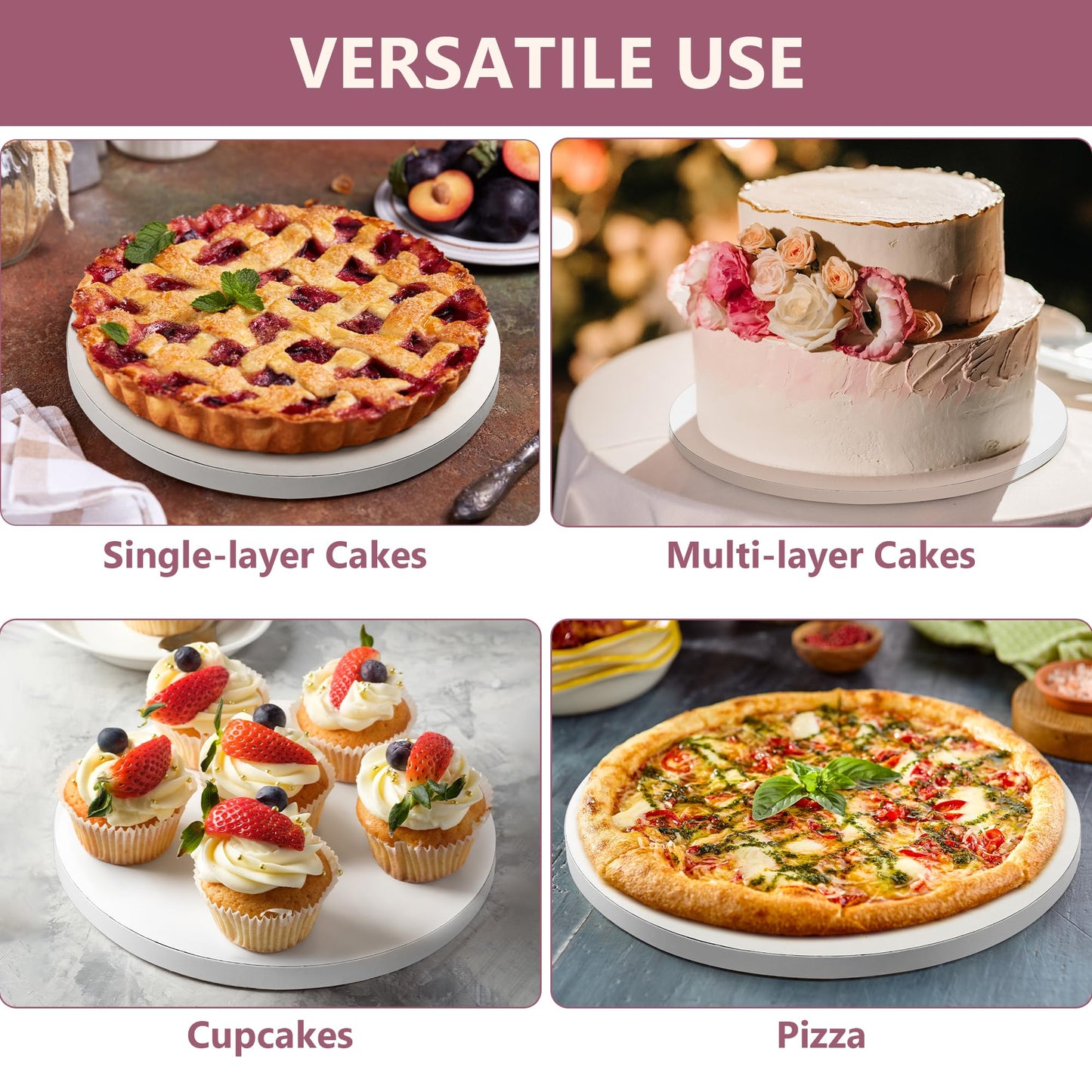 Crea Cake - 12 Pack Cake Drums 10 Inch Round & Free Large Cake Scraper - Premium Boards ½ Inch Thick, Food-Grade & Greaseproof Base para Pastel, Sturdy Cardboard for Professional Wedding Display, Glossy White