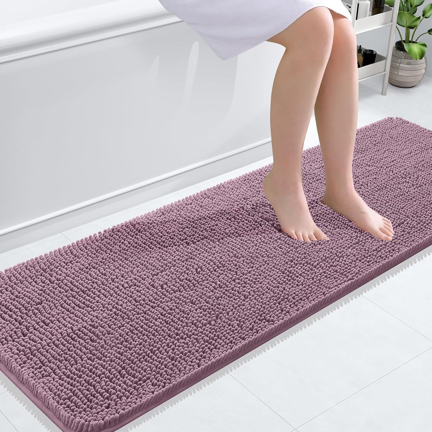 OLANLY Bathroom Runner Rugs - Soft Absorbent Chenille with Rubber Backing | 59x20, Deep Plum, Quick Dry