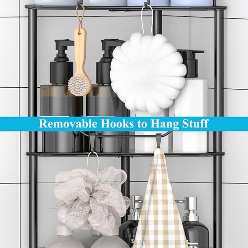 HuggieGems Corner Shower Caddy Organizer - 4 Tier Floor Standing Shelf with Hooks, Black Finish