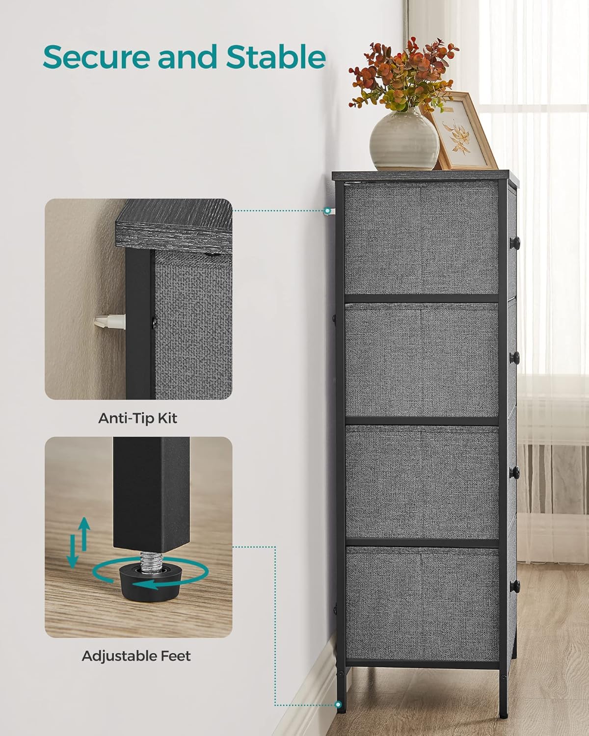 SONGMICS Fabric Dresser - 4 Drawer Chest with Metal Frame | Stylish Gray & Black Design for Bedroom