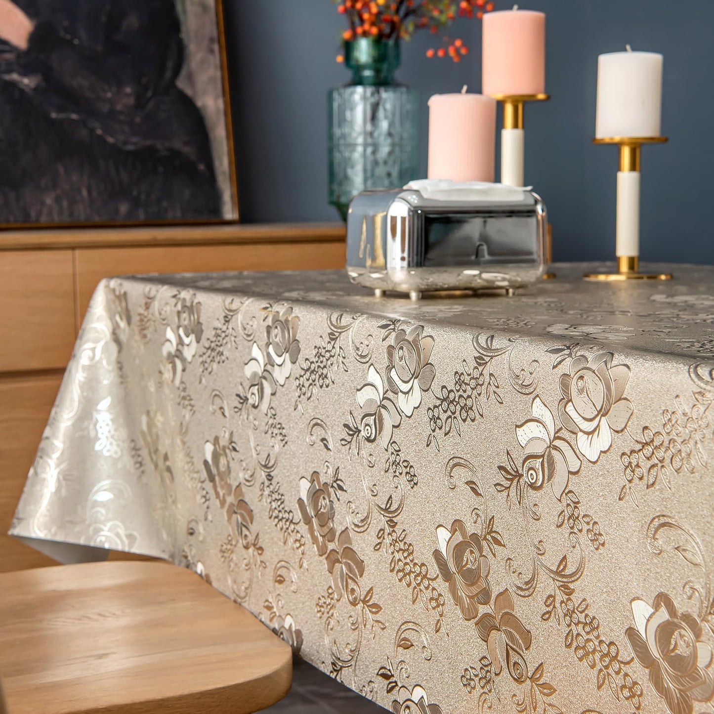 FAVE Gold Tablecloth Waterproof PVC Table Cover Wipeable Easy Clean for Kitchen Dining Table, Golden Rose Pattern 55x78 Inches for Wedding Banquet Birthday Party Restaurant Decors