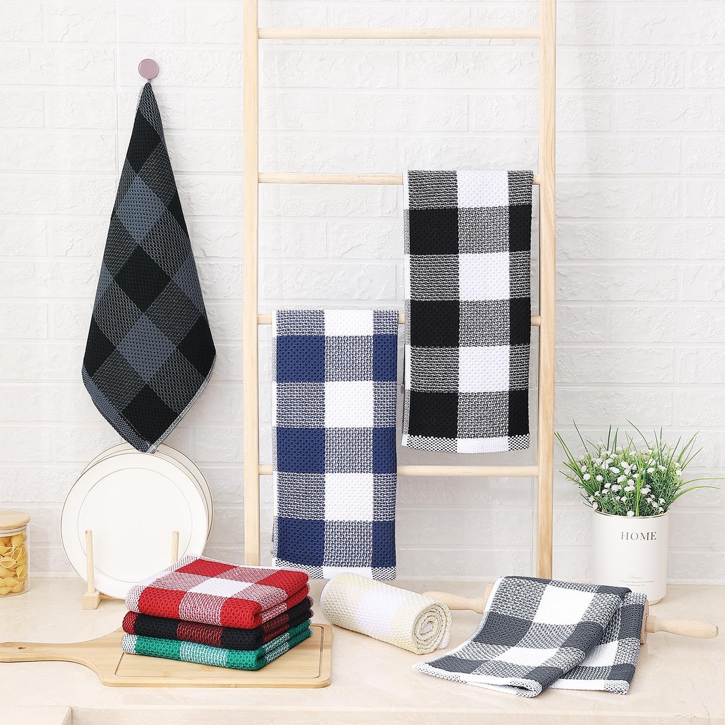 Homaxy 100% Cotton Waffle Weave Check Plaid Kitchen Towels, 13 x 28 Inches, Super Soft and Absorbent Dish Towels for Drying Dishes, 4-Pack, Black & Grey