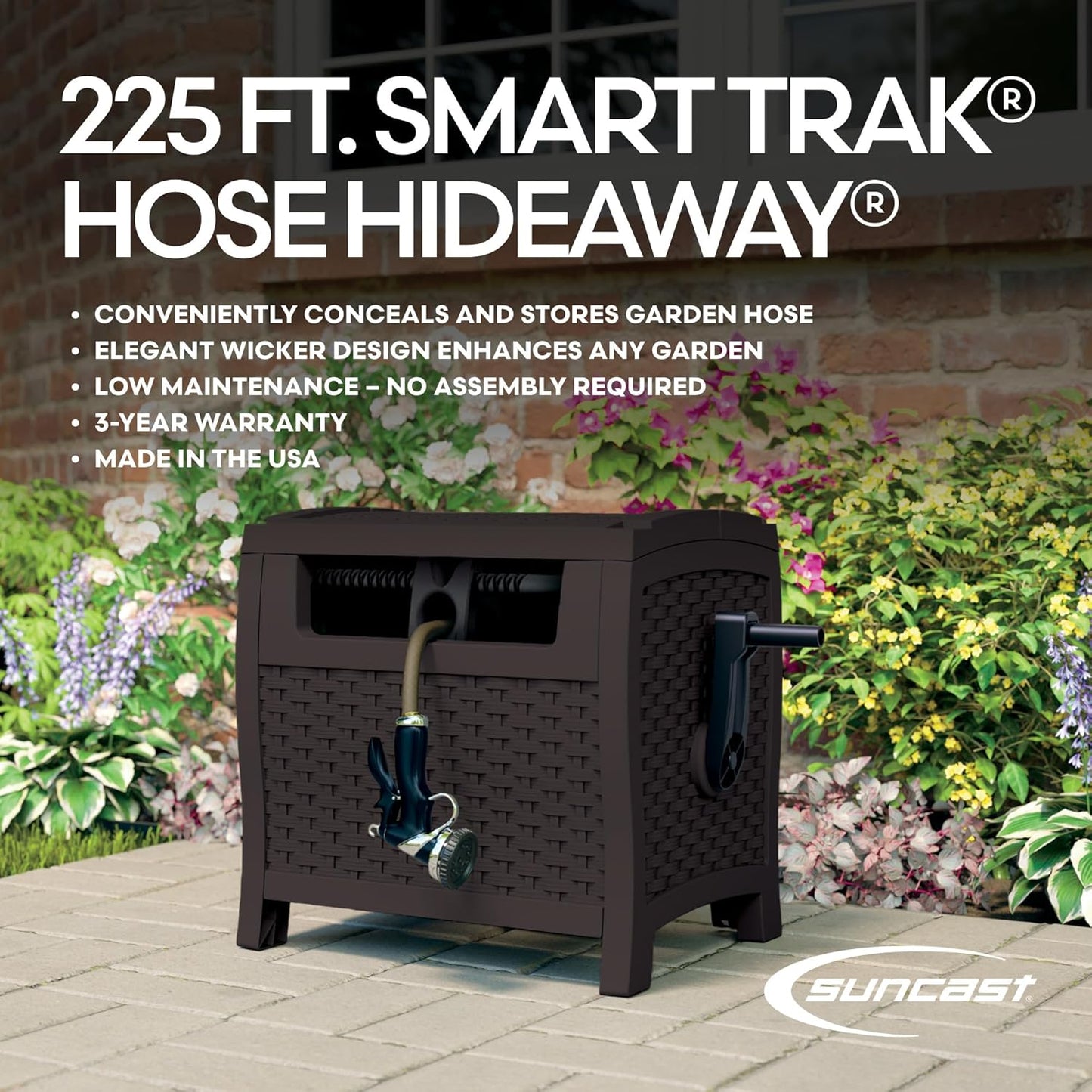 Suncast Hose Reel - Smart Trak Hose Guide & Water-Tight Connection - Durable Resin, 225' Capacity, Brown