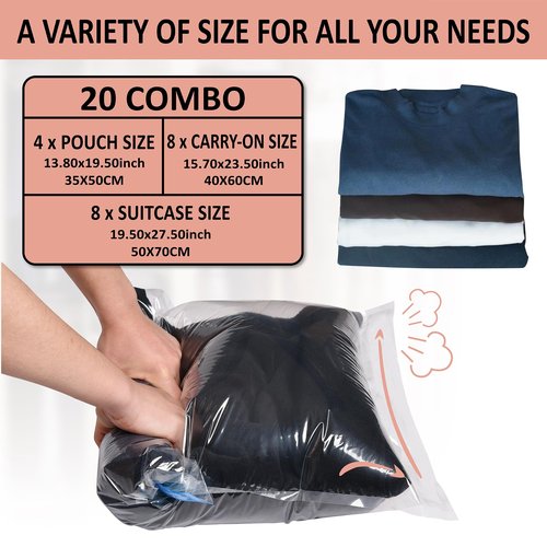 Cozy Essential Compression Bags for Travel - Travel Essentials - 20 Pack Space Saver Bags - No Vacuum Needed - Compression Packing Bags for Cruise Accessories
