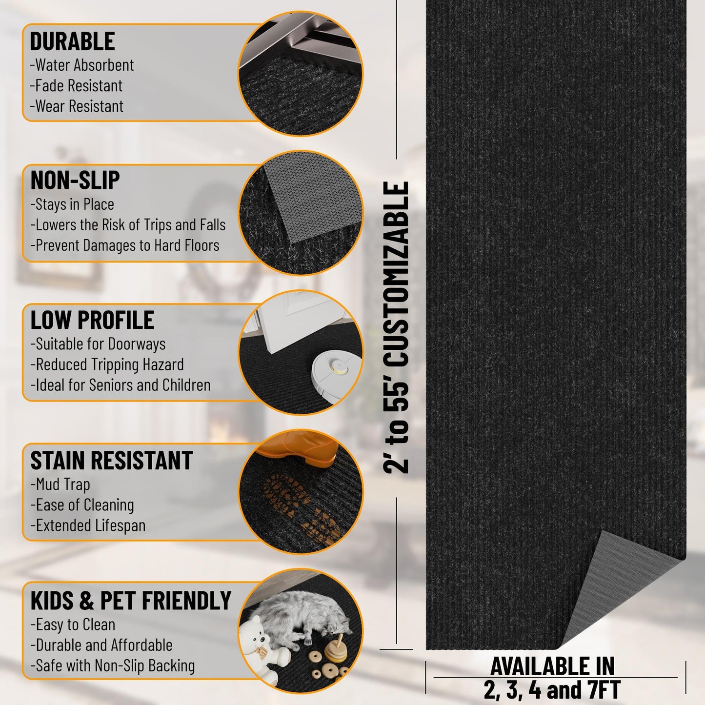 Ottomanson 2' x 5' Hallway Runner with Scraper Pile Extra Durable Non-Slip Rug Mat for Indoor & Outdoor Use - Ideal for Kitchen, Entryway, Patio & Garage - High-Traffic Carpet, Black