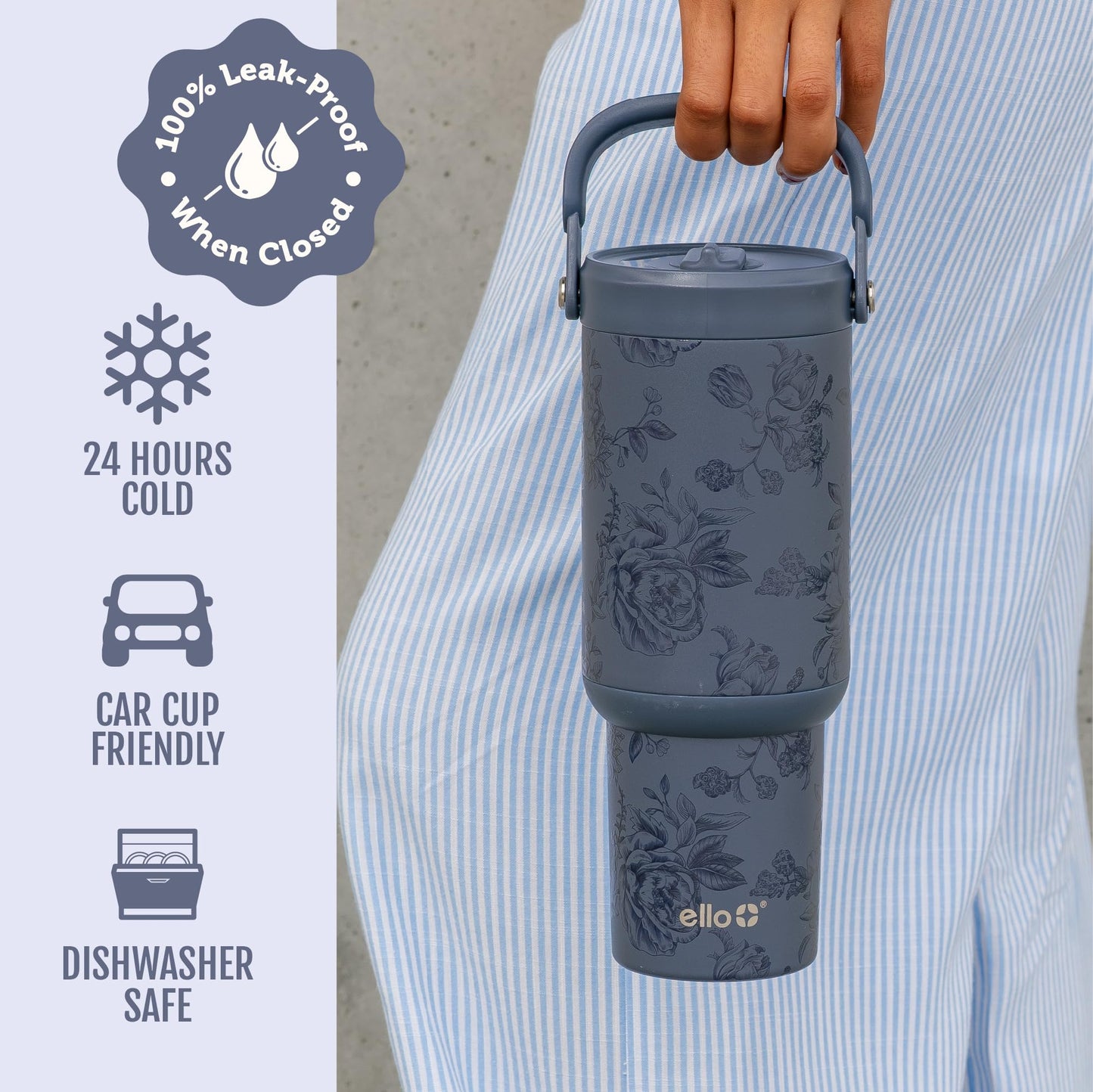 Ello Oasis Go+ 32oz Tumbler with Top Handle and Retracting Straw | Reusable Insulated Stainless Cup, 100% Leakproof Water Bottle, 24 Hours Cold, Cup Holder Friendly For Travel | Porcelain Rose Navy