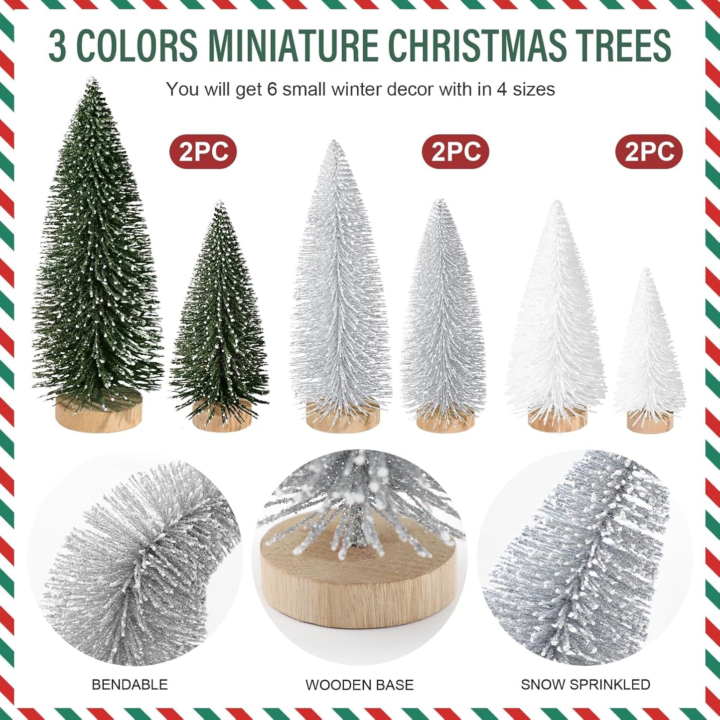 Skiennix Mini Christmas Trees - 6pcs Bottle Brush Decorations for Indoor/Outdoor Holiday Decor | Green, Silver, White