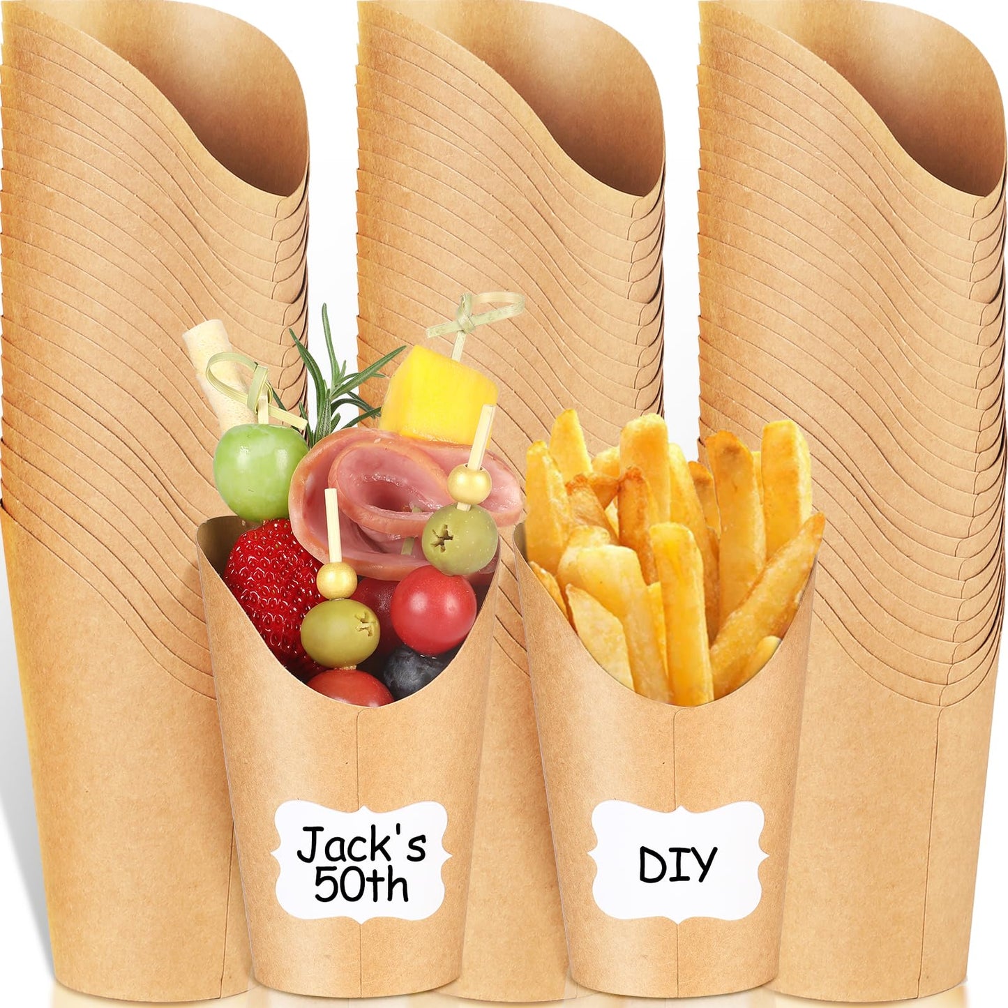 Vicuna R Charcuterie Cups French Fry Holder, 50PCS Appetizer Cups for Parties + 50 Labels, 12 oz Kraft French Fry Cup, Disposable Brown Paper Snack Cup, Charcuterie Boards Accessories