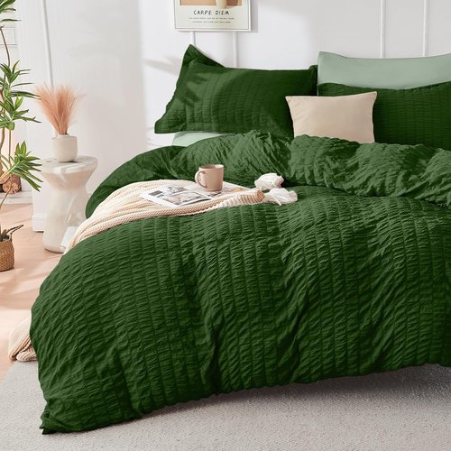 HYMOKEGE Queen Comforter Set - Luxury 7-Piece Bedding Set in Dark Green/Sage Green | All-Season Seersucker Design