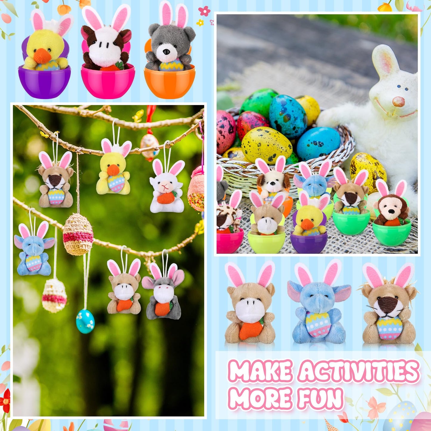 Lunmon 36 Pcs Prefilled Easter Eggs Filled with Mini Plush Animal Toys for Kids Baster Stuffer Filler Stuffed Animals with Carrot for Easter Egg Hunt Filler Party Favors Classroom Prize Supplies