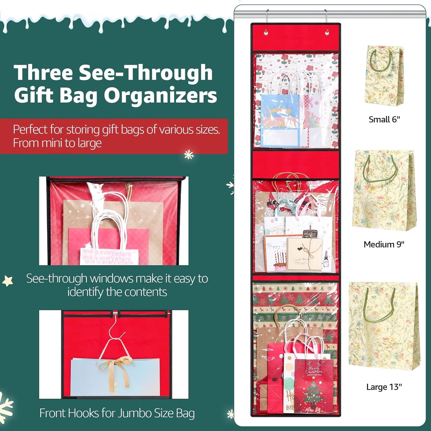 Woodoulogy Hanging Gift Wrapping Paper Storage - 40x17 Black Organizer & 63x13 Red Over-Door Bag