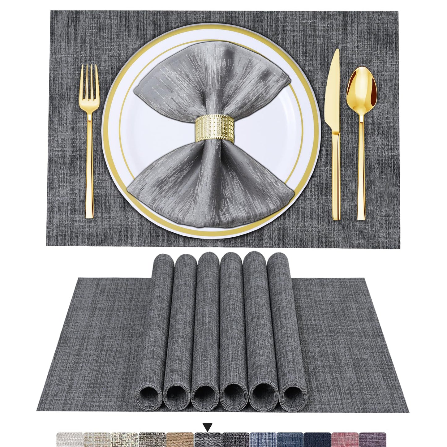 BETEAM Placemats Set of 6, Woven Vinyl Placemat for Dining Table Washable Wipeable Kitchen Place Mats Durable Indoor Outdoor Table Mats