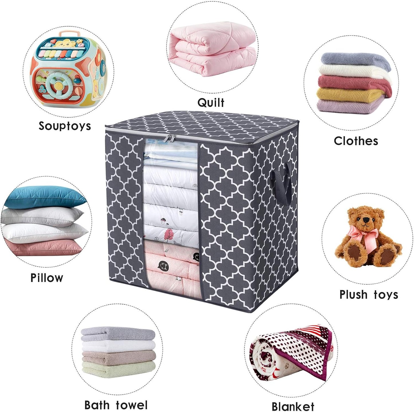 WISELIFE Storage Bags - 100L Large Blanket & Clothes Organizer | Foldable, Clear Window, Gray, 4 Pack